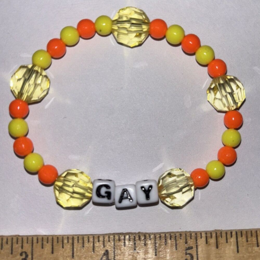 Beaded Letter Charm Bracelet Gay Pride Alphabet Bead Orange Stretch Wristlet